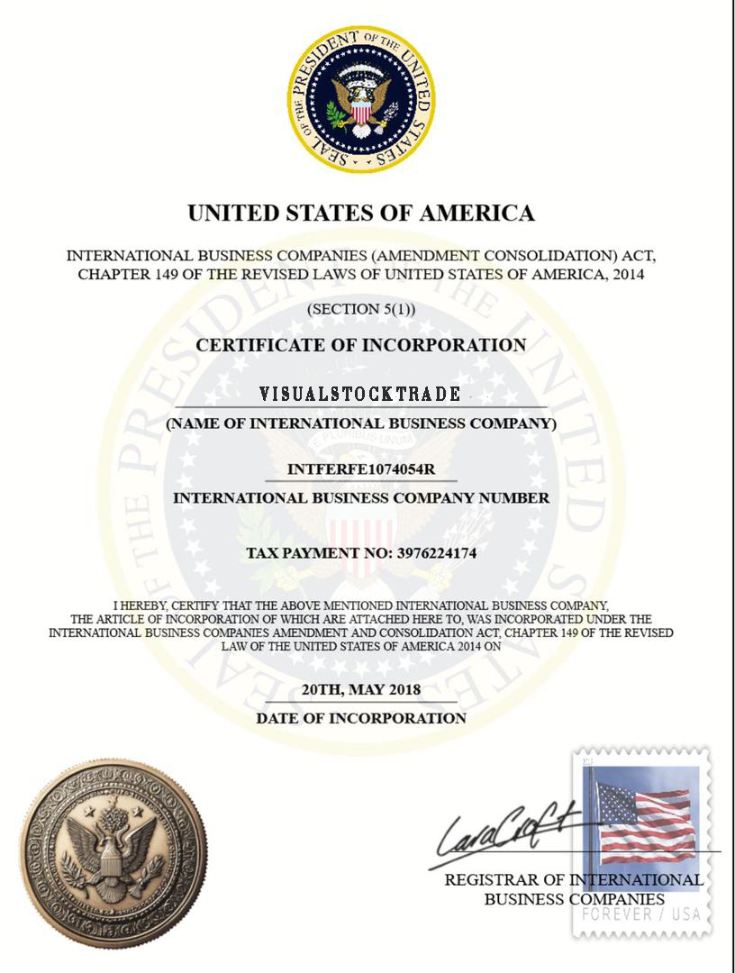 United States of America Incorporation Certificate